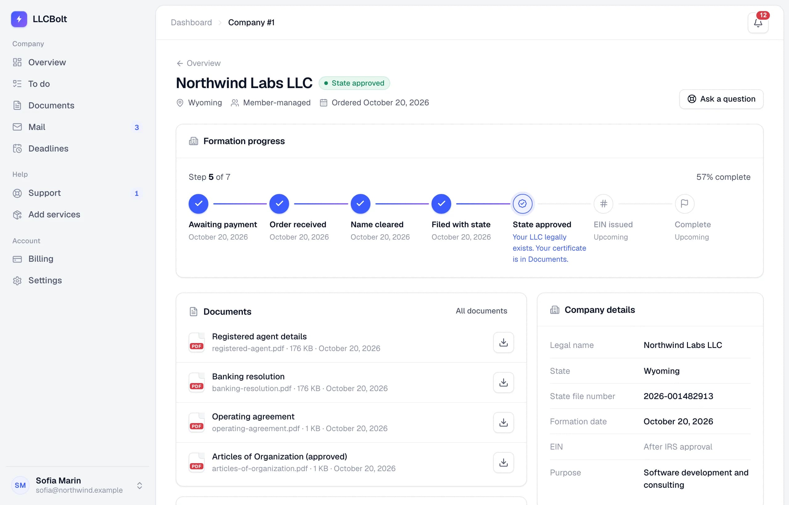The LLCBolt customer dashboard for Northwind Labs LLC in Wyoming: a formation tracker at step 5 of 7, State approved, with the approved Articles of Organization, operating agreement and banking resolution under Documents, and the company details.