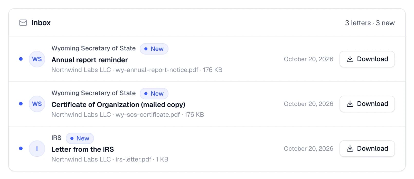 The Mail inbox with three scanned letters: an annual report reminder and a mailed Certificate of Organization from the Wyoming Secretary of State, and a letter from the IRS.