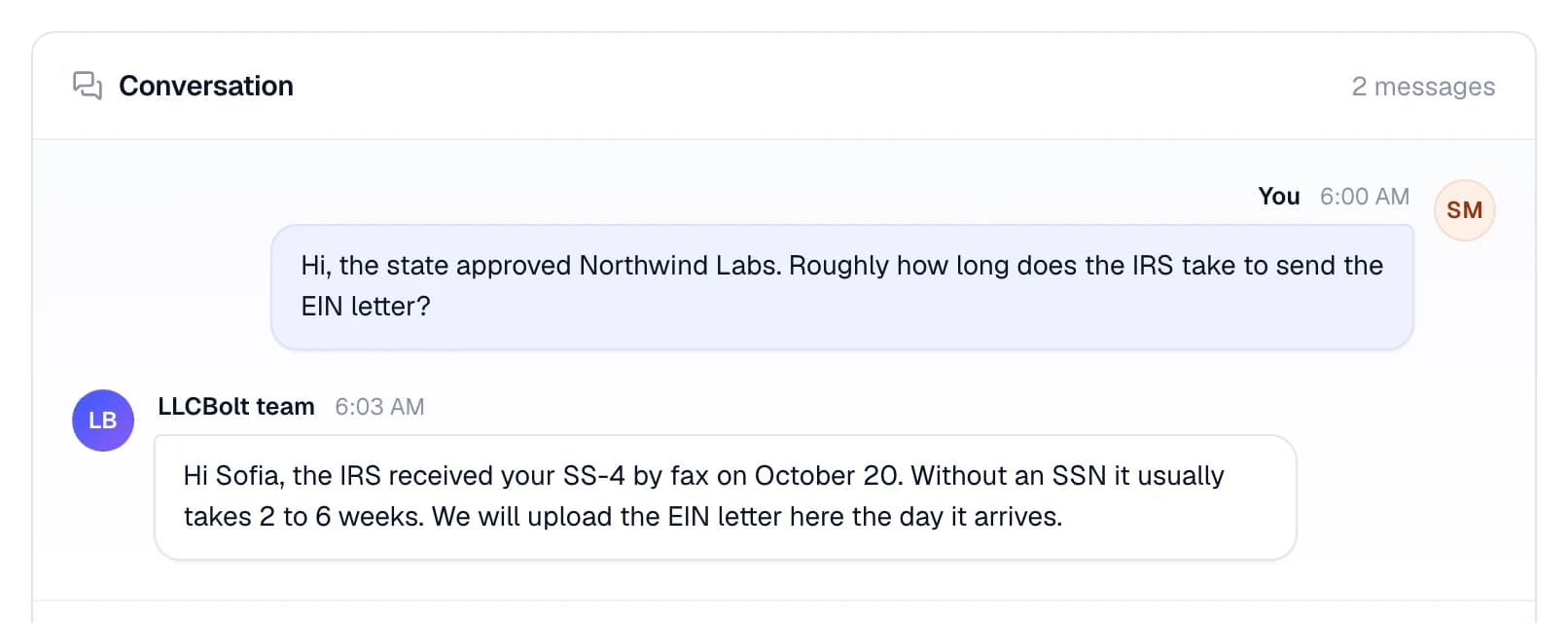 A support conversation: the customer asks how long the IRS takes to send the EIN letter, and the LLCBolt team replies that it usually takes 2 to 6 weeks without an SSN.